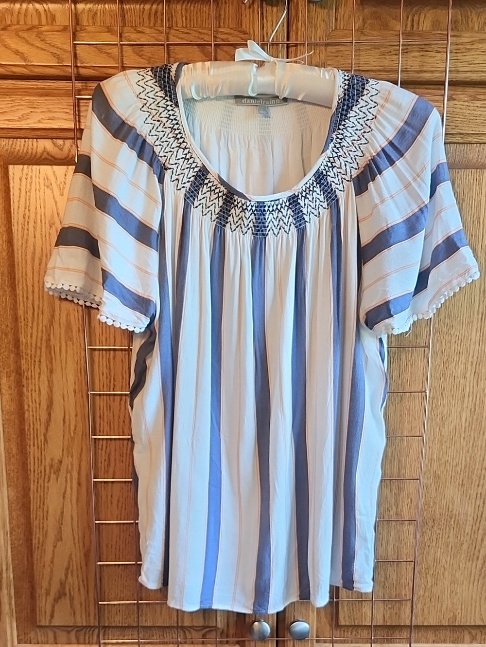 Daniel Rainn White and Blue Striped Smocked Neck Blouse, Size L